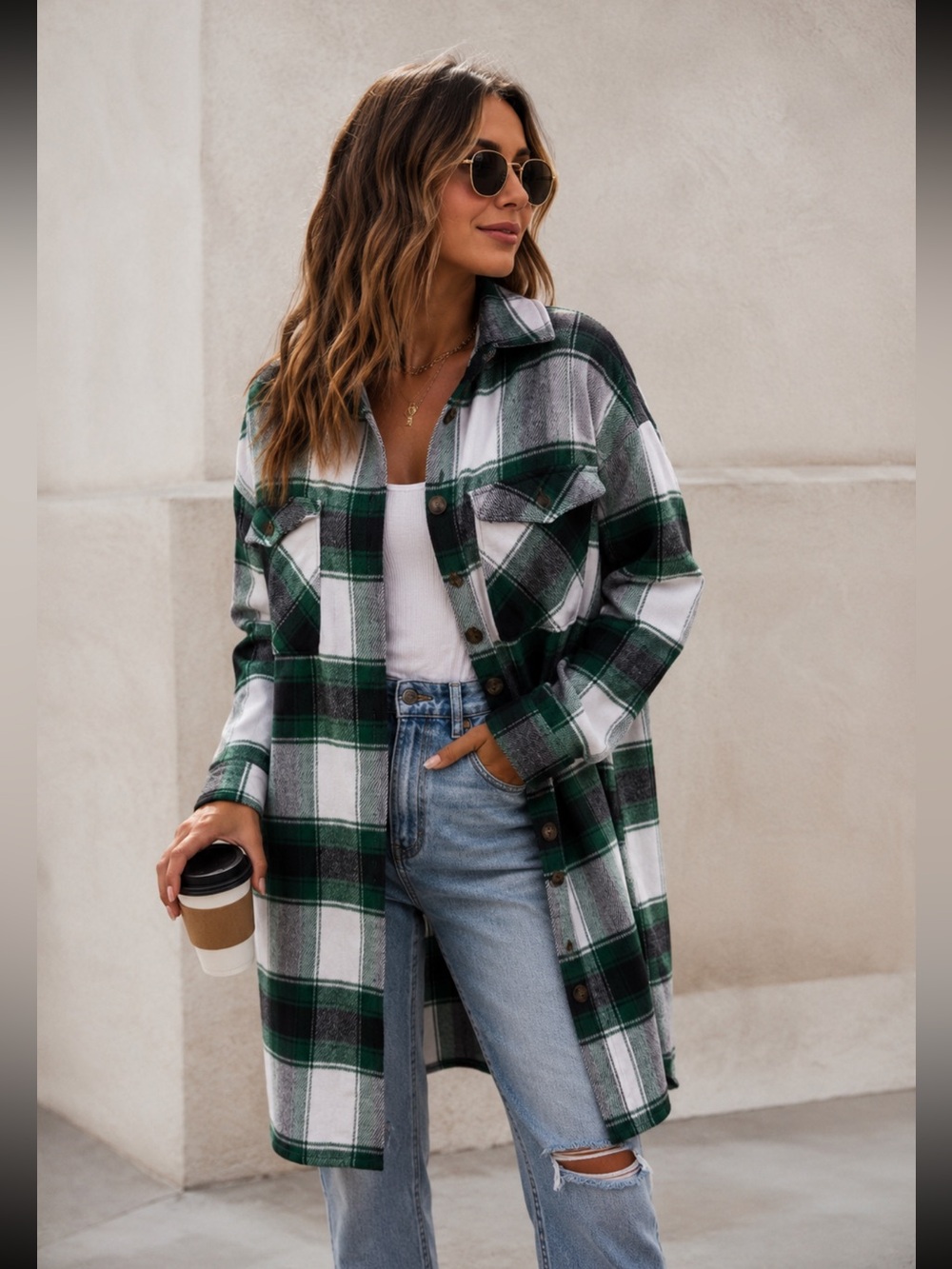 Steve Madden Green Black Plaid Long Shirt Jacket Small NEW